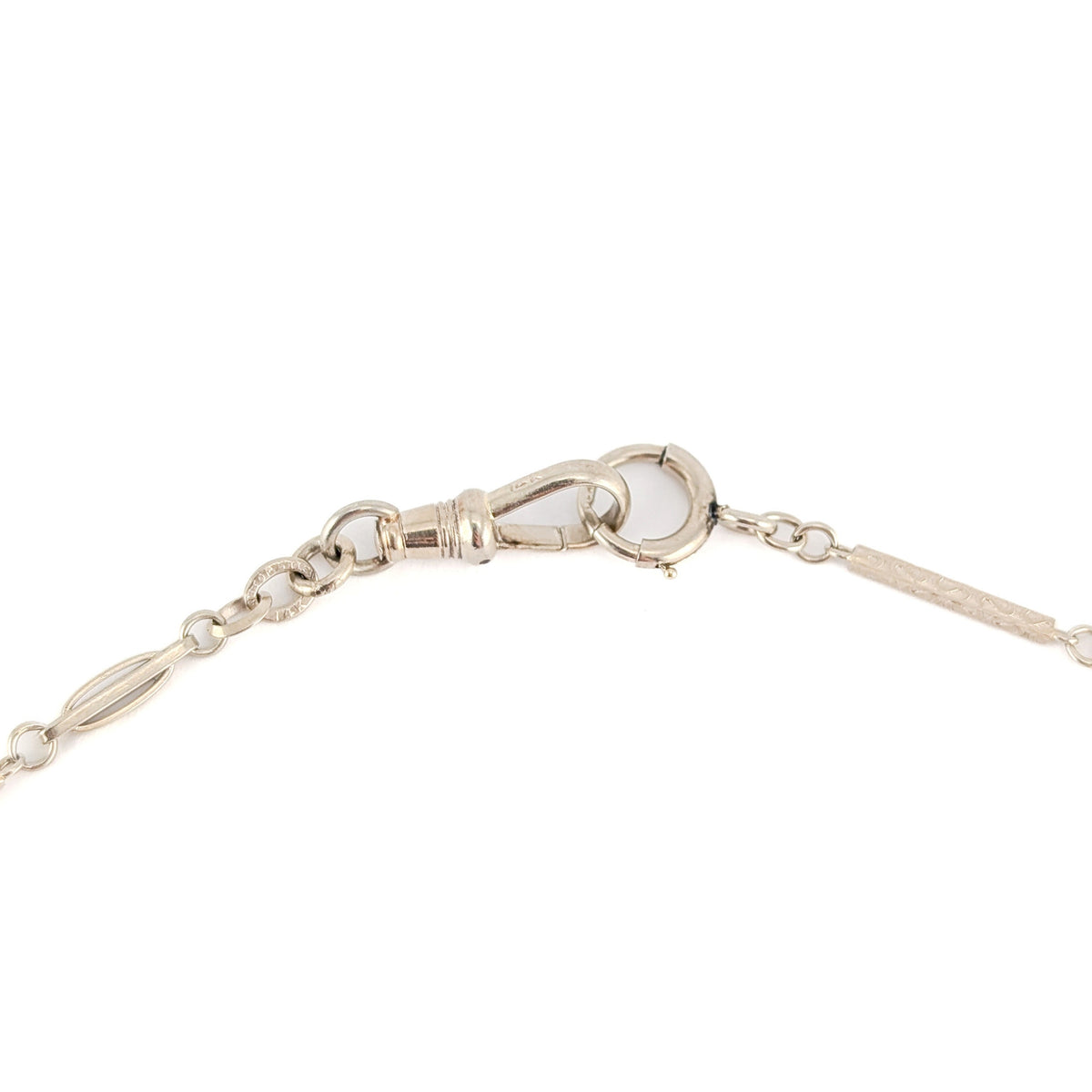 Antique 14K White Gold Art Deco Watch Chain w/ Engraved Bar Links - Swivel Clip