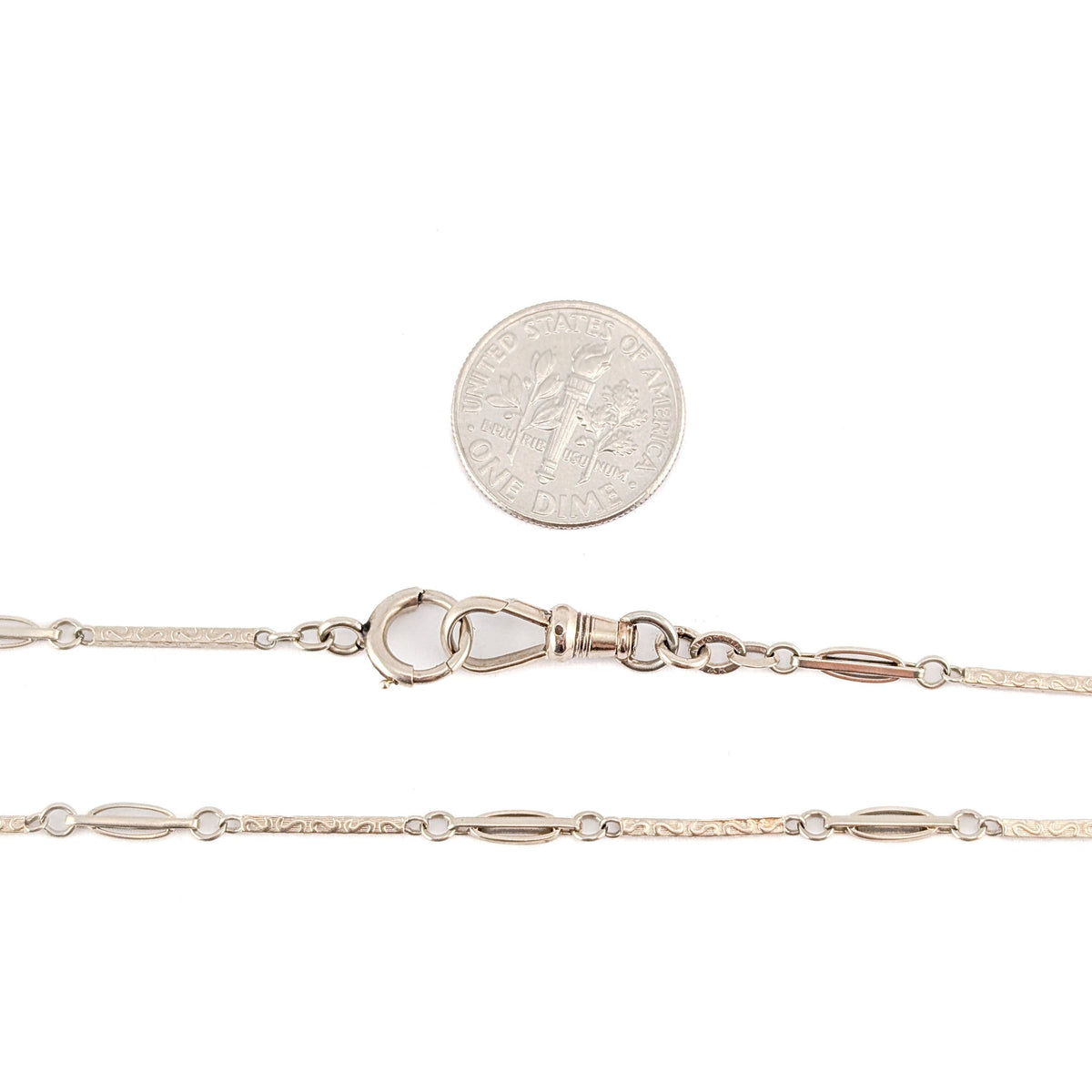 Antique 14K White Gold Art Deco Watch Chain w/ Engraved Bar Links - Swivel Clip