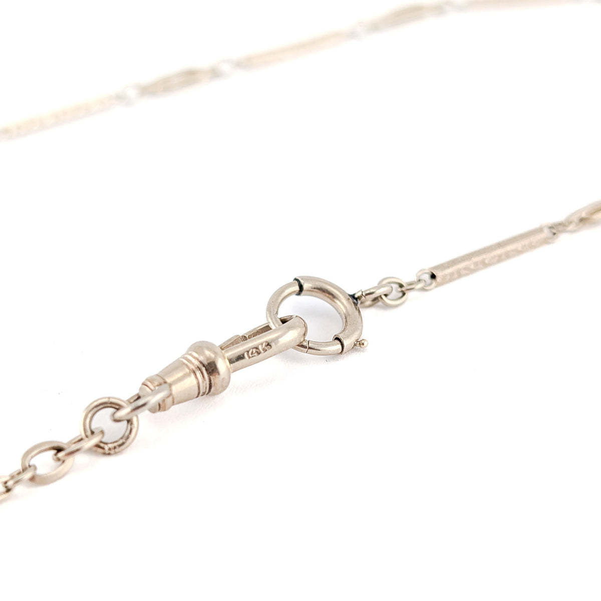 Antique 14K White Gold Art Deco Watch Chain w/ Engraved Bar Links - Swivel Clip