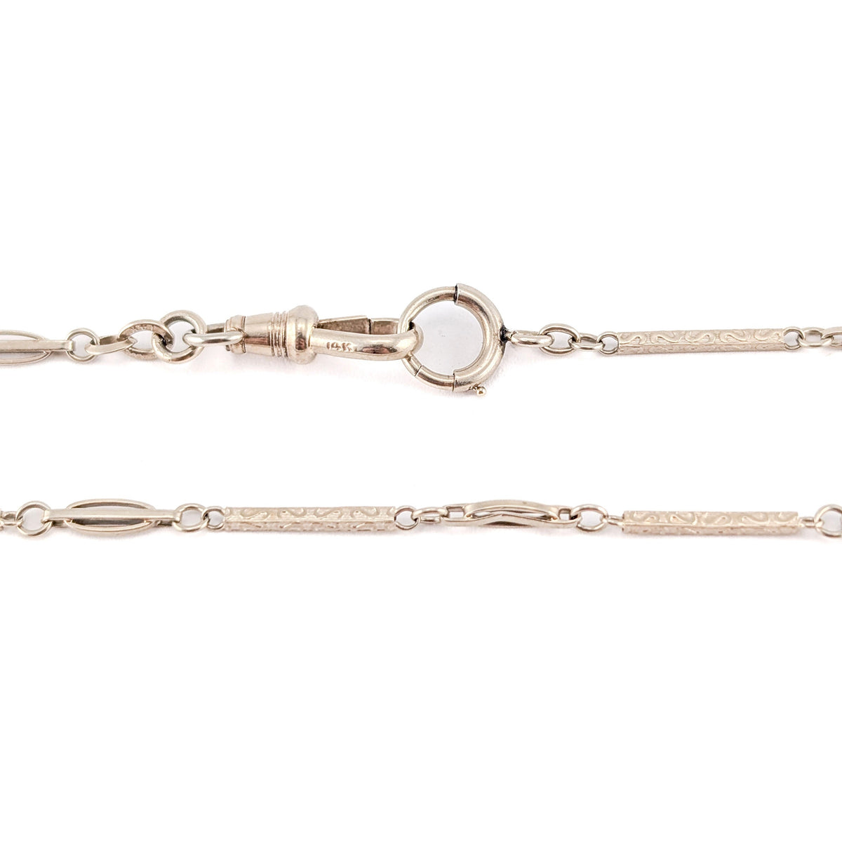 Antique 14K White Gold Art Deco Watch Chain w/ Engraved Bar Links - Swivel Clip