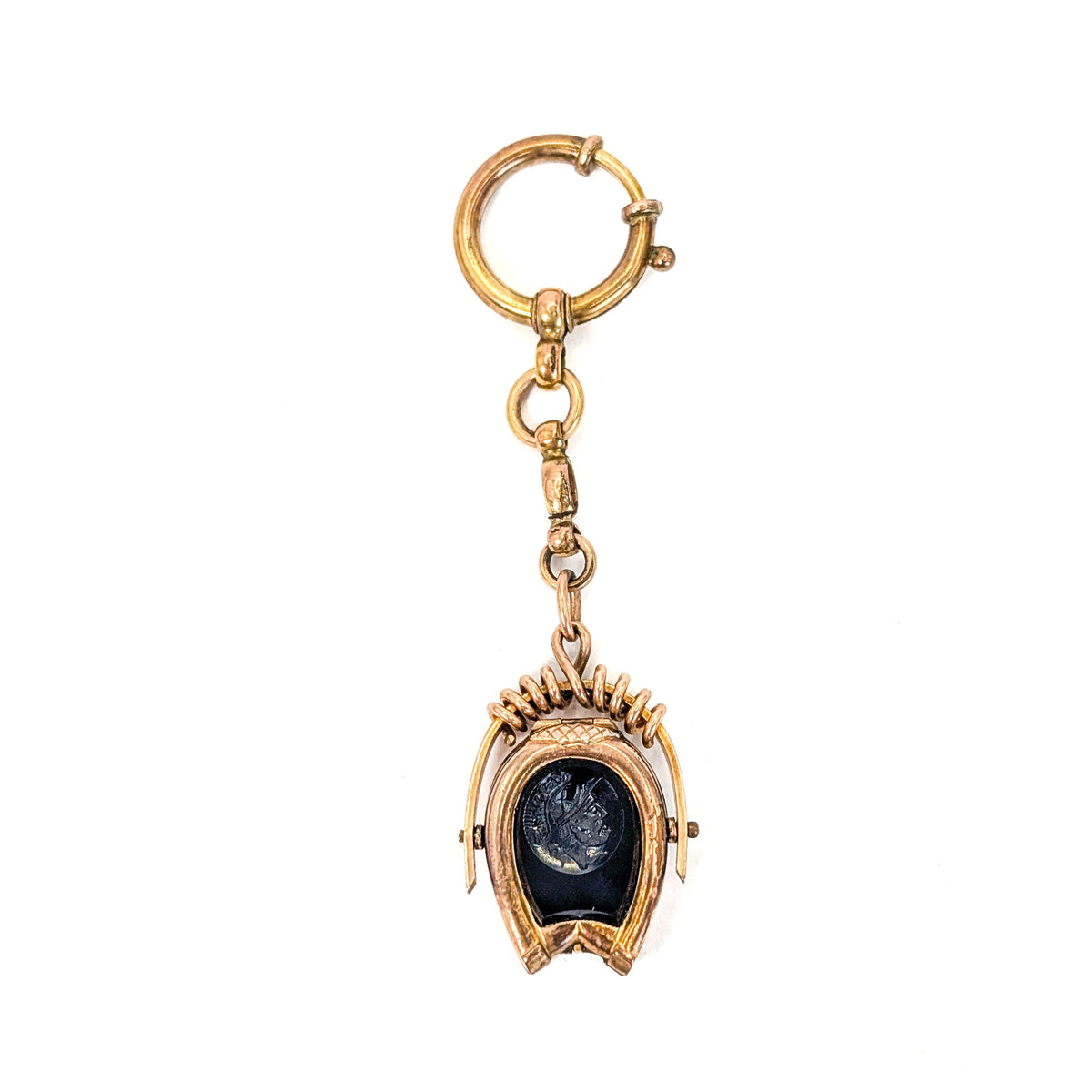 Antique 9K Gold Horseshoe Onyx Intaglio Watch Fob Pendant Locket