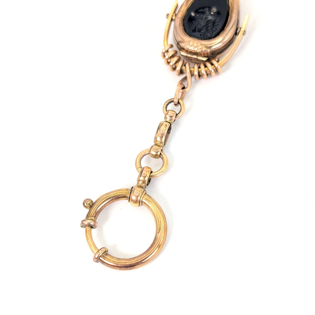 Antique 9K Gold Horseshoe Onyx Intaglio Watch Fob Pendant Locket