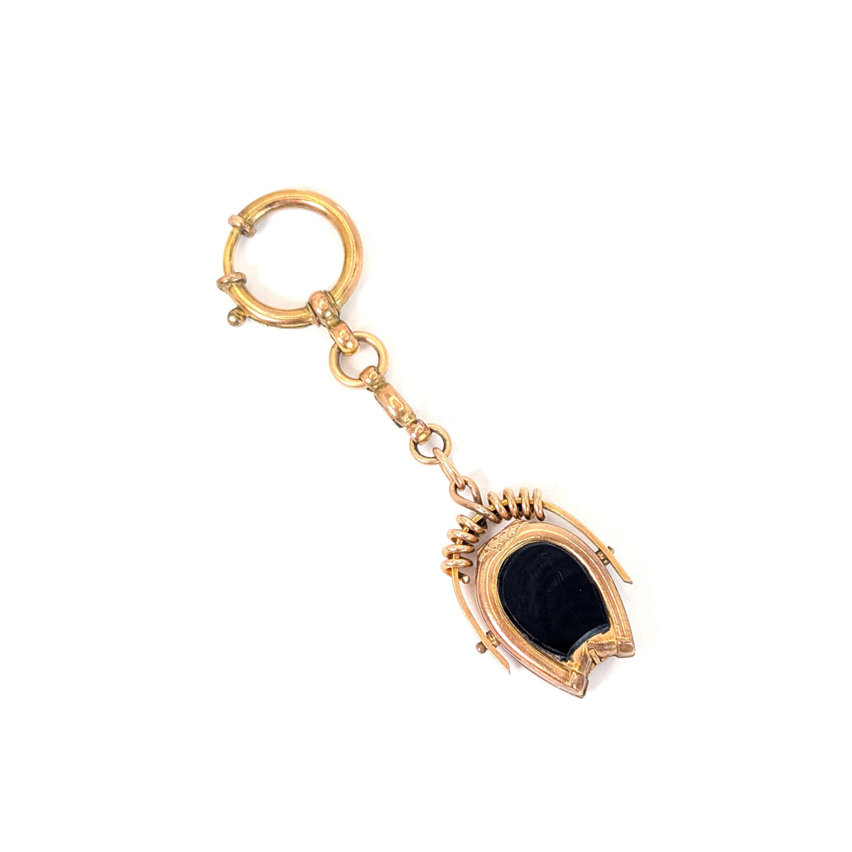 Antique 9K Gold Horseshoe Onyx Intaglio Watch Fob Pendant Locket