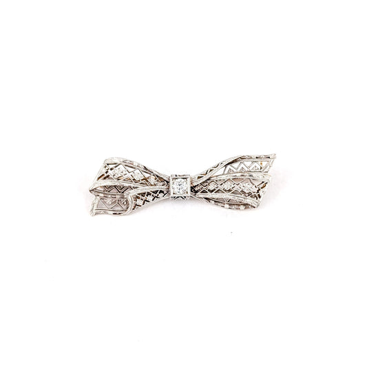 Antique Art Deco 14K Two Tone Gold Euro Diamond Bow Brooch – Filigree