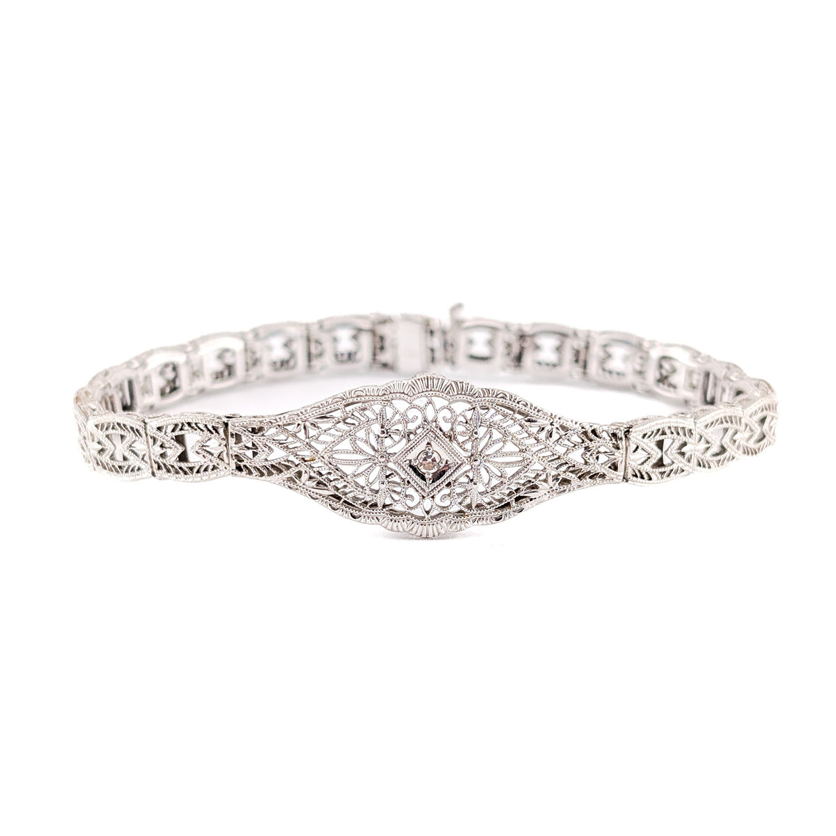 Antique Art Deco 14K White Gold Diamond Filigree Bracelet