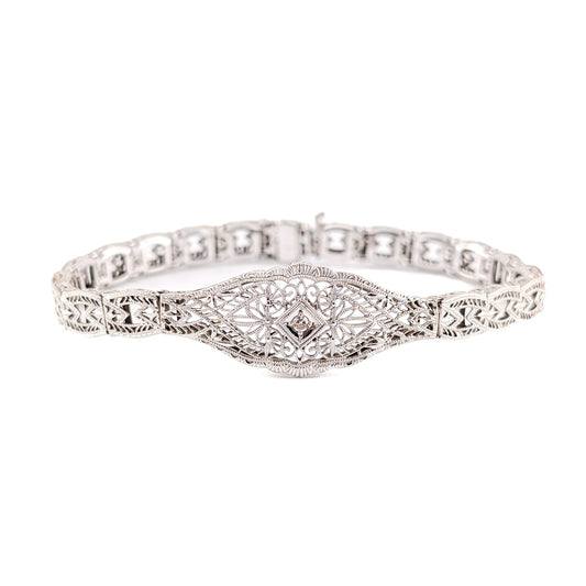 Antique Art Deco 14K White Gold Diamond Filigree Bracelet