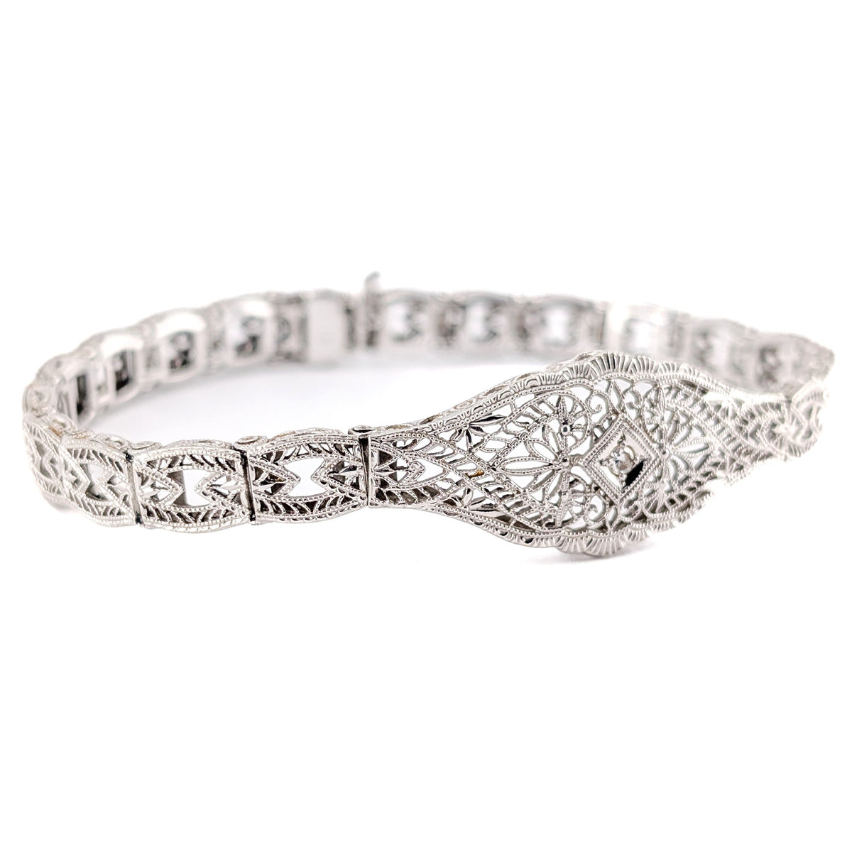 Antique Art Deco 14K White Gold Diamond Filigree Bracelet