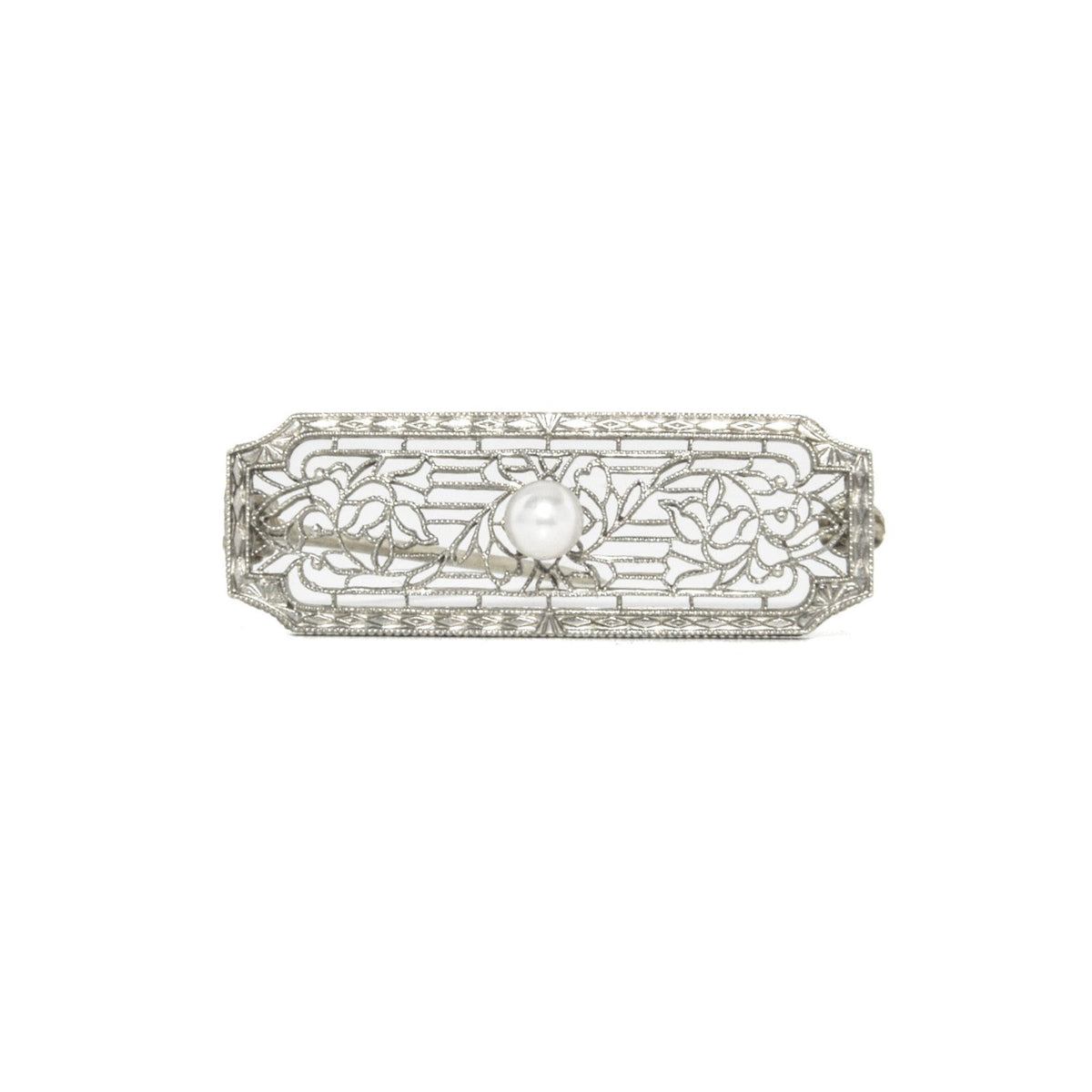 Antique Art Deco 14K White Gold Floral Filigree & Pearl Brooch