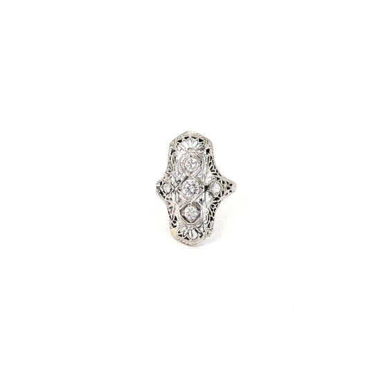 Antique Art Deco 18K White Gold Diamond Shield Ring – Filigree OEC Diamonds