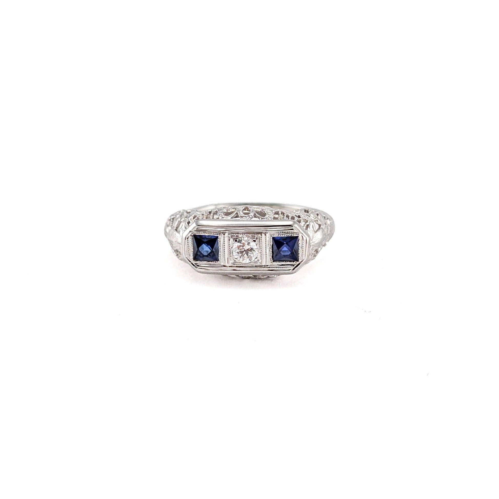 Antique Art Deco 18K White Gold Diamond & Synthetic Sapphire Filigree Ring