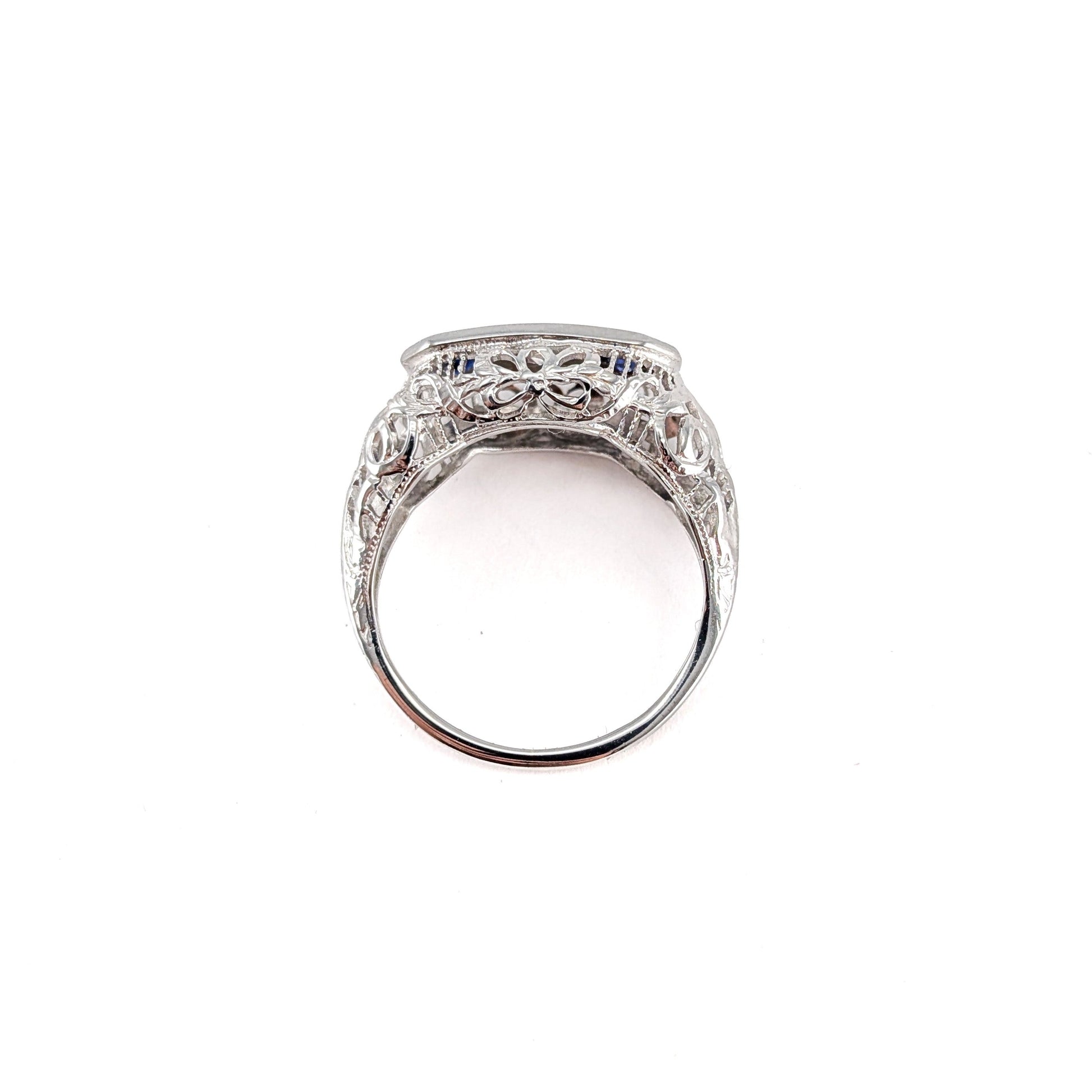 Antique Art Deco 18K White Gold Diamond & Synthetic Sapphire Filigree Ring