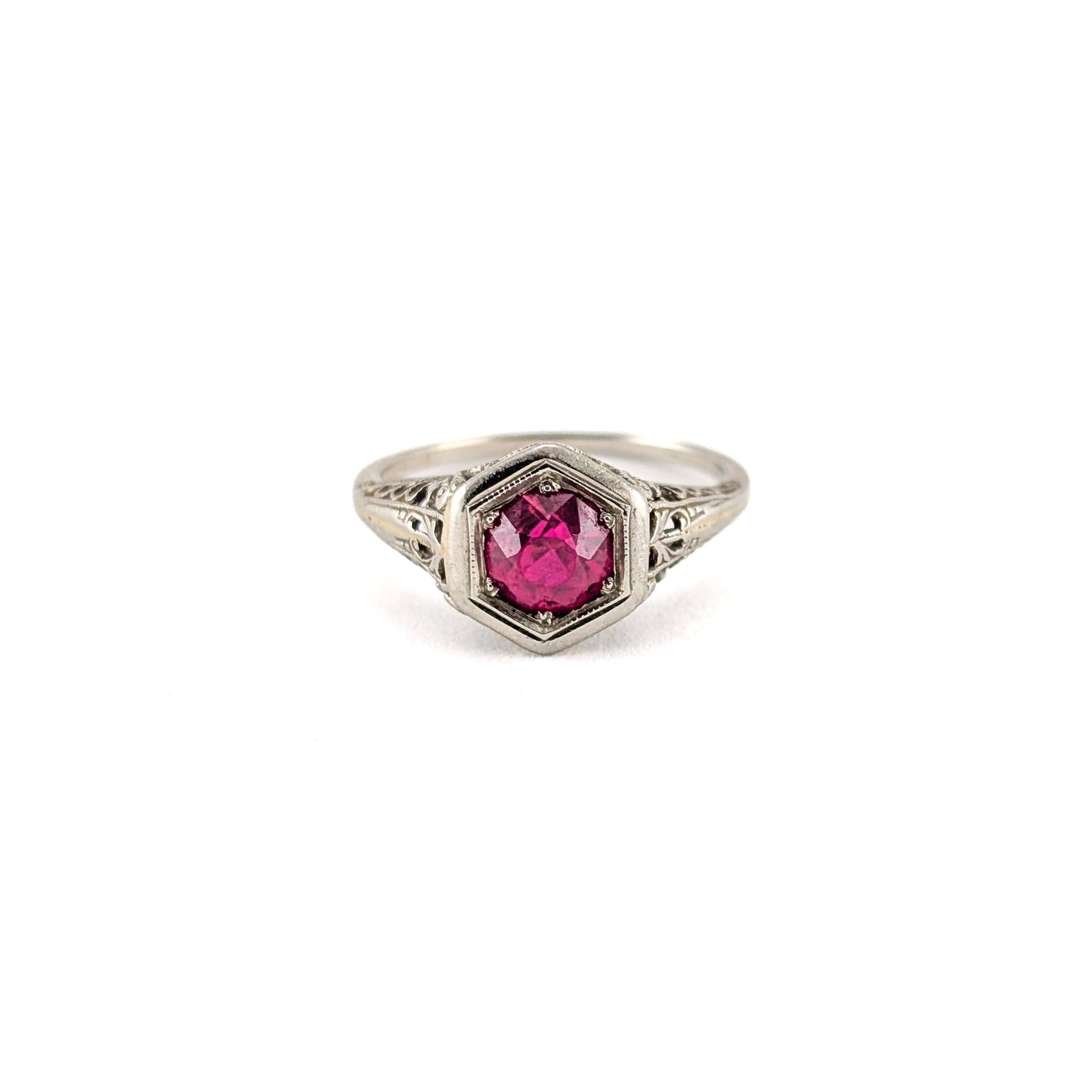 Antique Art Deco 18K White Gold Synthetic Ruby Filigree Ring