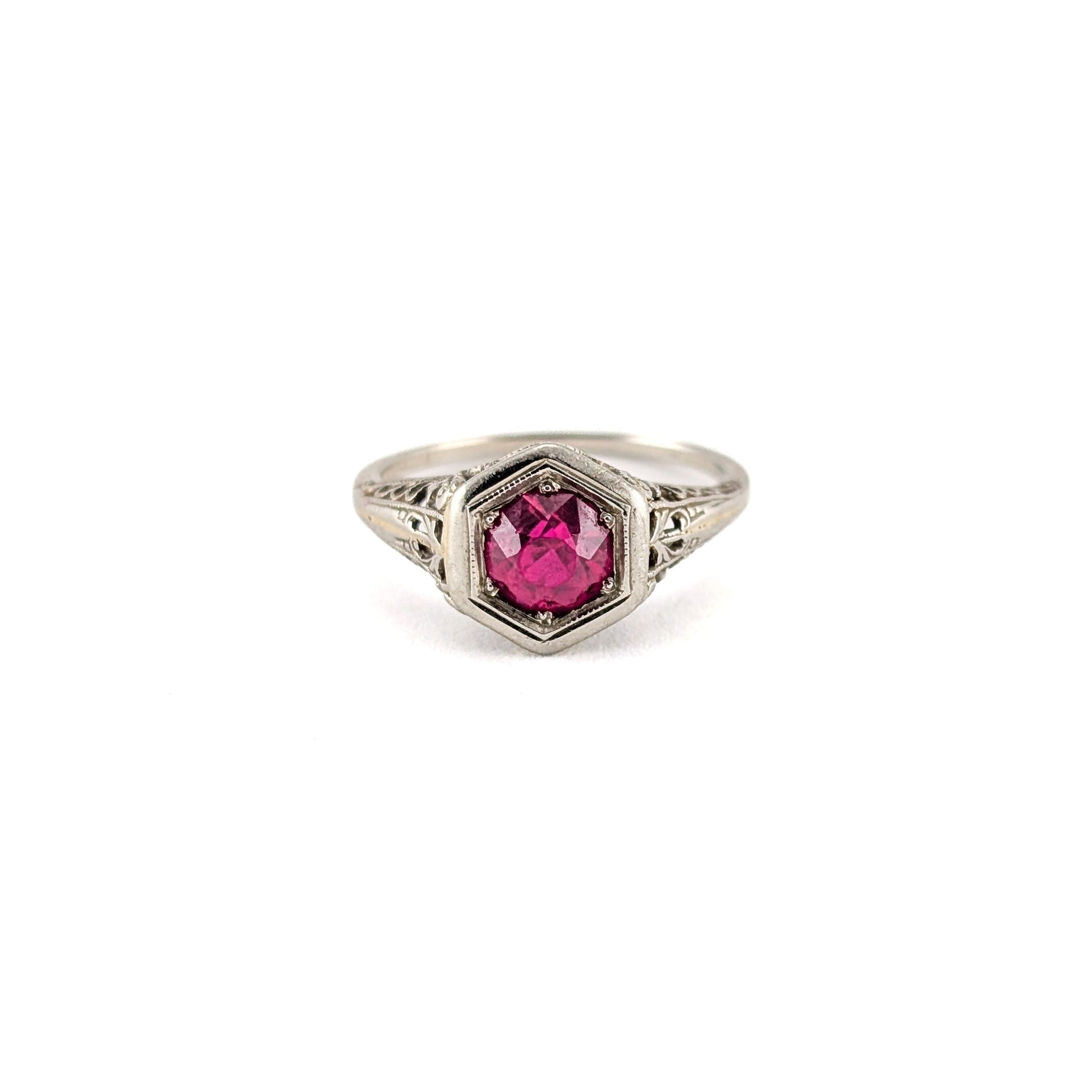 Antique Art Deco 18K White Gold Synthetic Ruby Filigree Ring