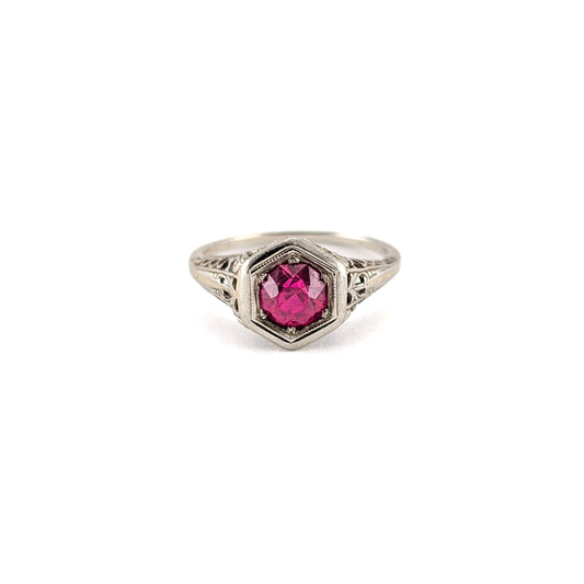 Antique Art Deco 18K White Gold Synthetic Ruby Filigree Ring