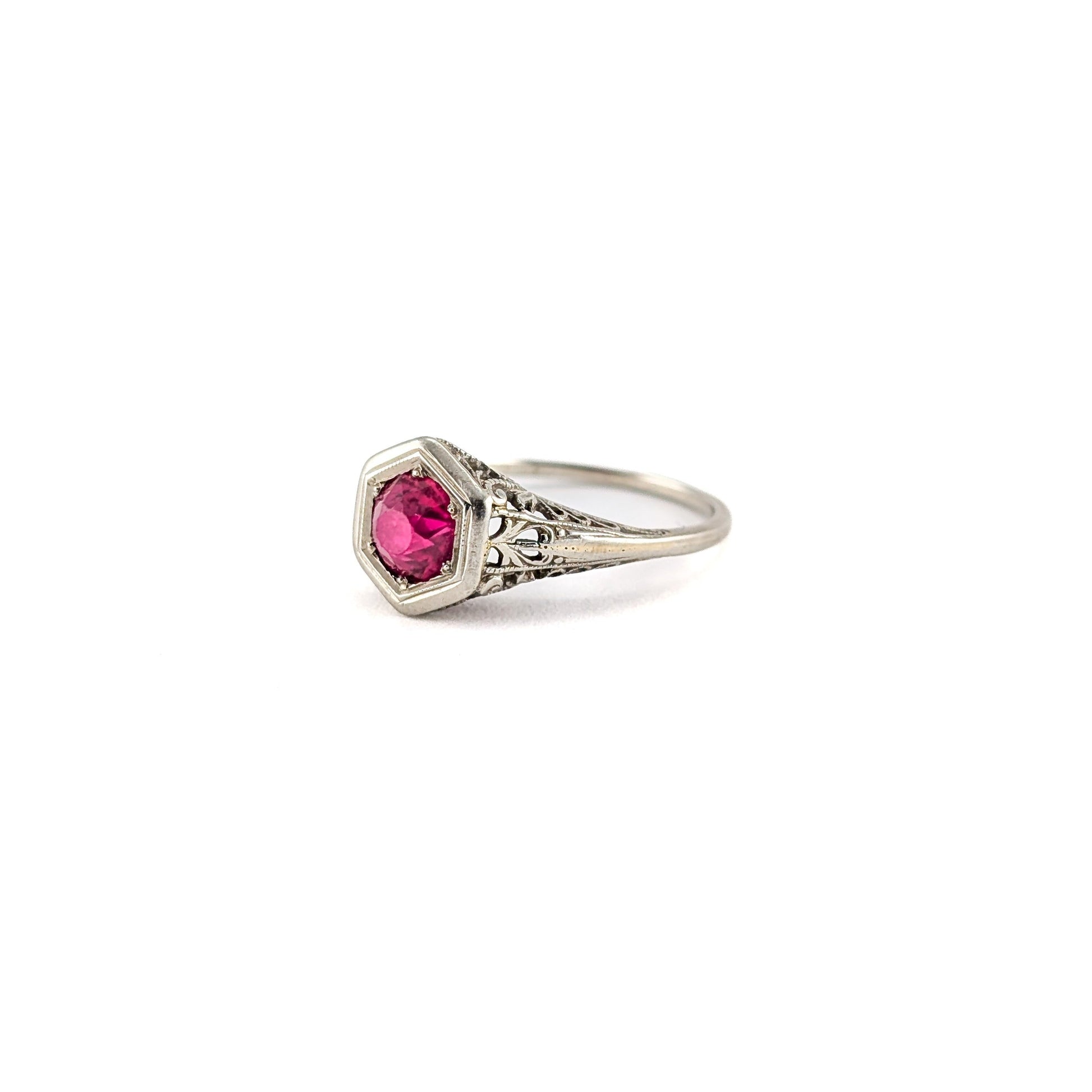 Antique Art Deco 18K White Gold Synthetic Ruby Filigree Ring