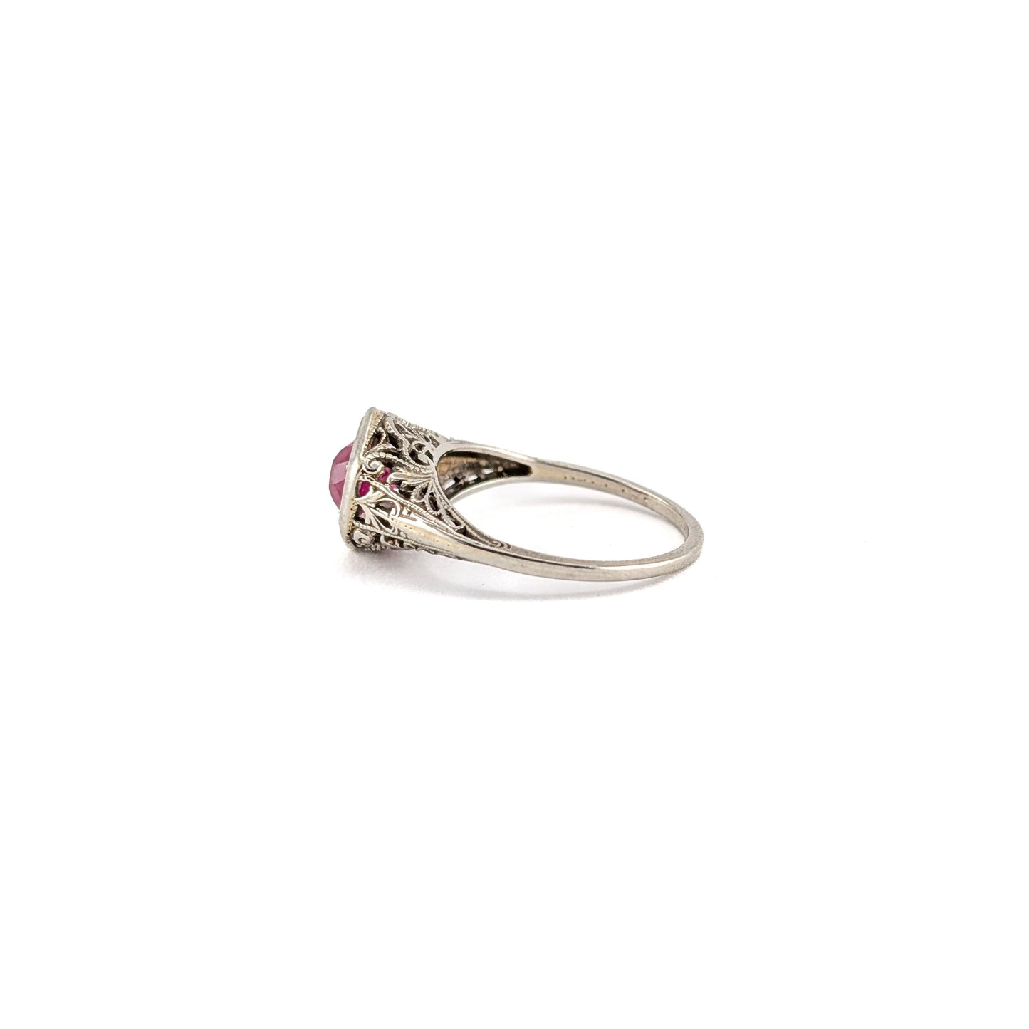 Antique Art Deco 18K White Gold Synthetic Ruby Filigree Ring