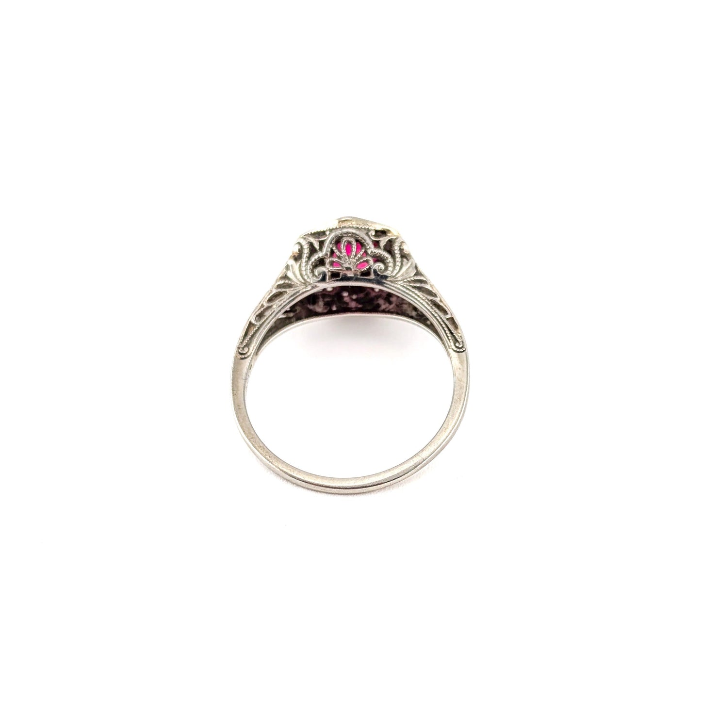 Antique Art Deco 18K White Gold Synthetic Ruby Filigree Ring