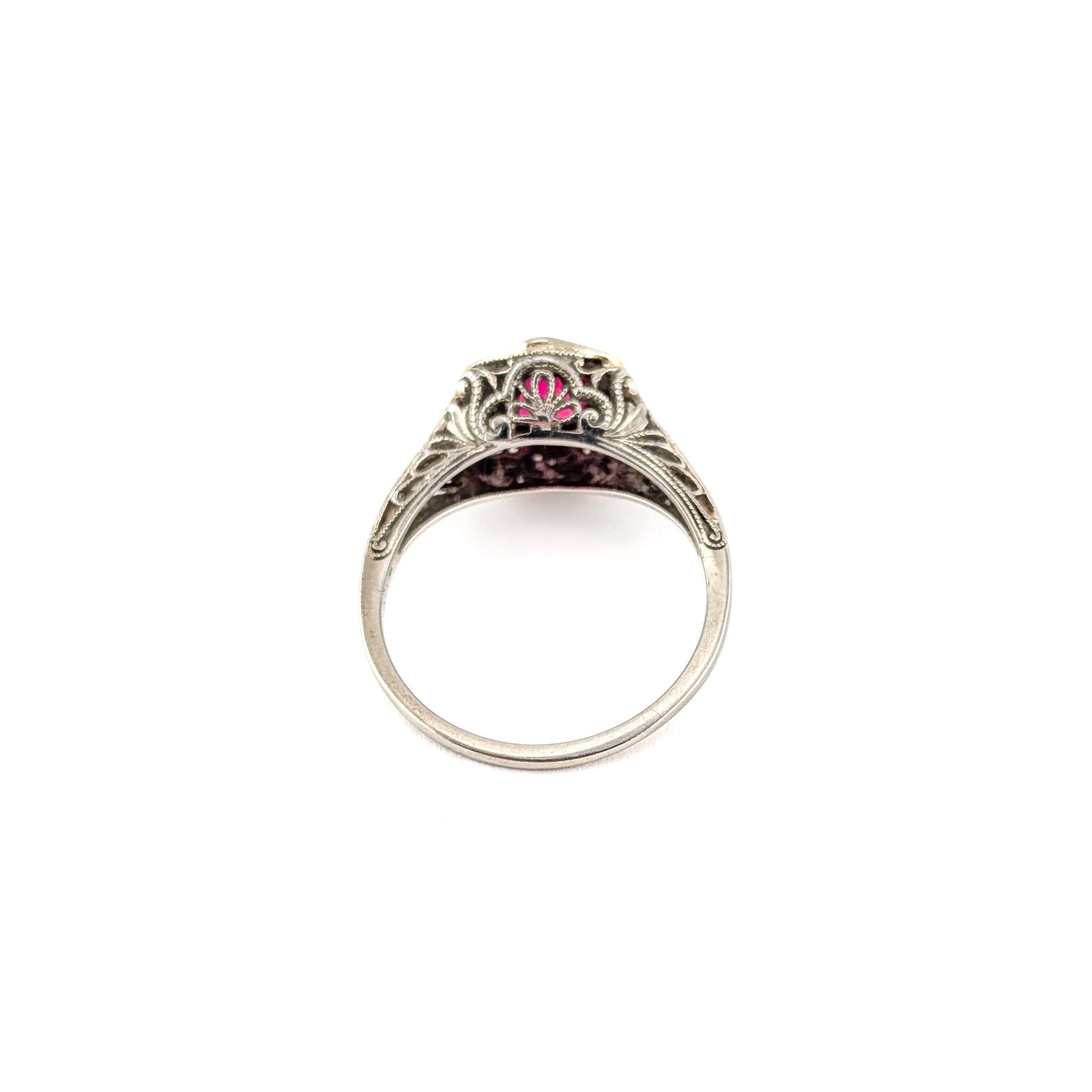Antique Art Deco 18K White Gold Synthetic Ruby Filigree Ring