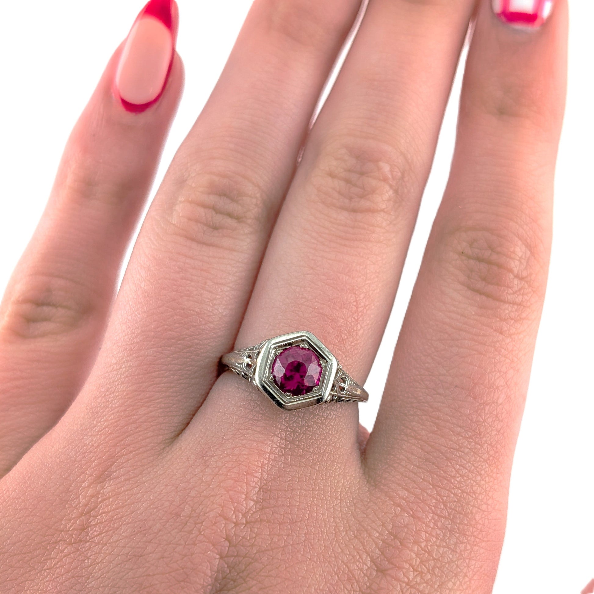 Antique Art Deco 18K White Gold Synthetic Ruby Filigree Ring