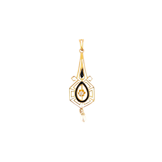 Antique 10K Gold Diamond, Pearl & Black Enamel Lavalier Pendant