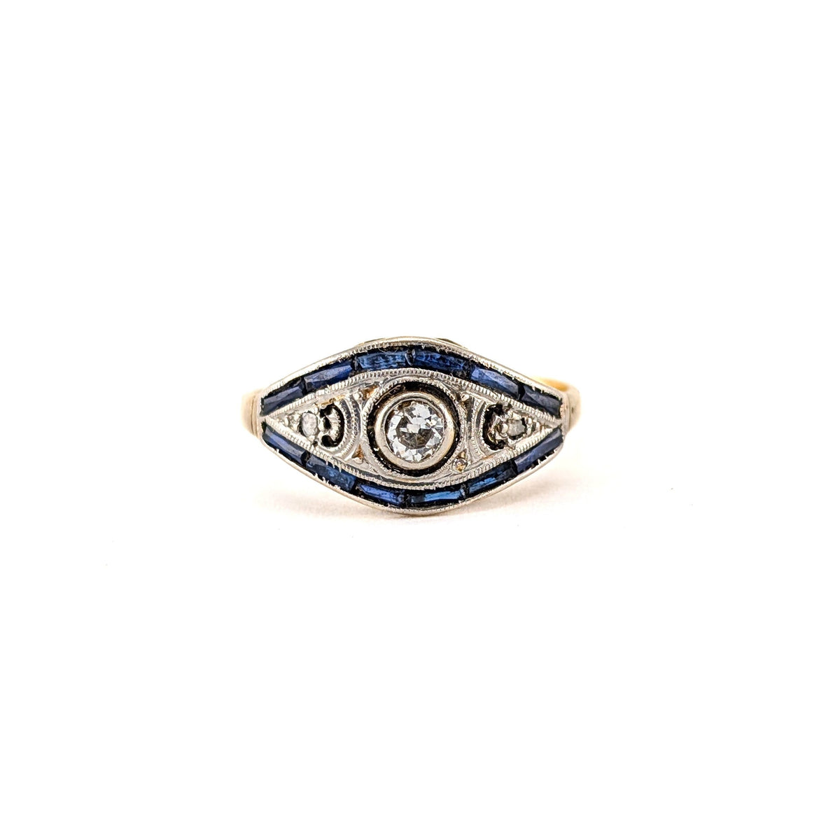 Antique Diamond & Sapphire Art Deco Navette Ring in 18K Gold