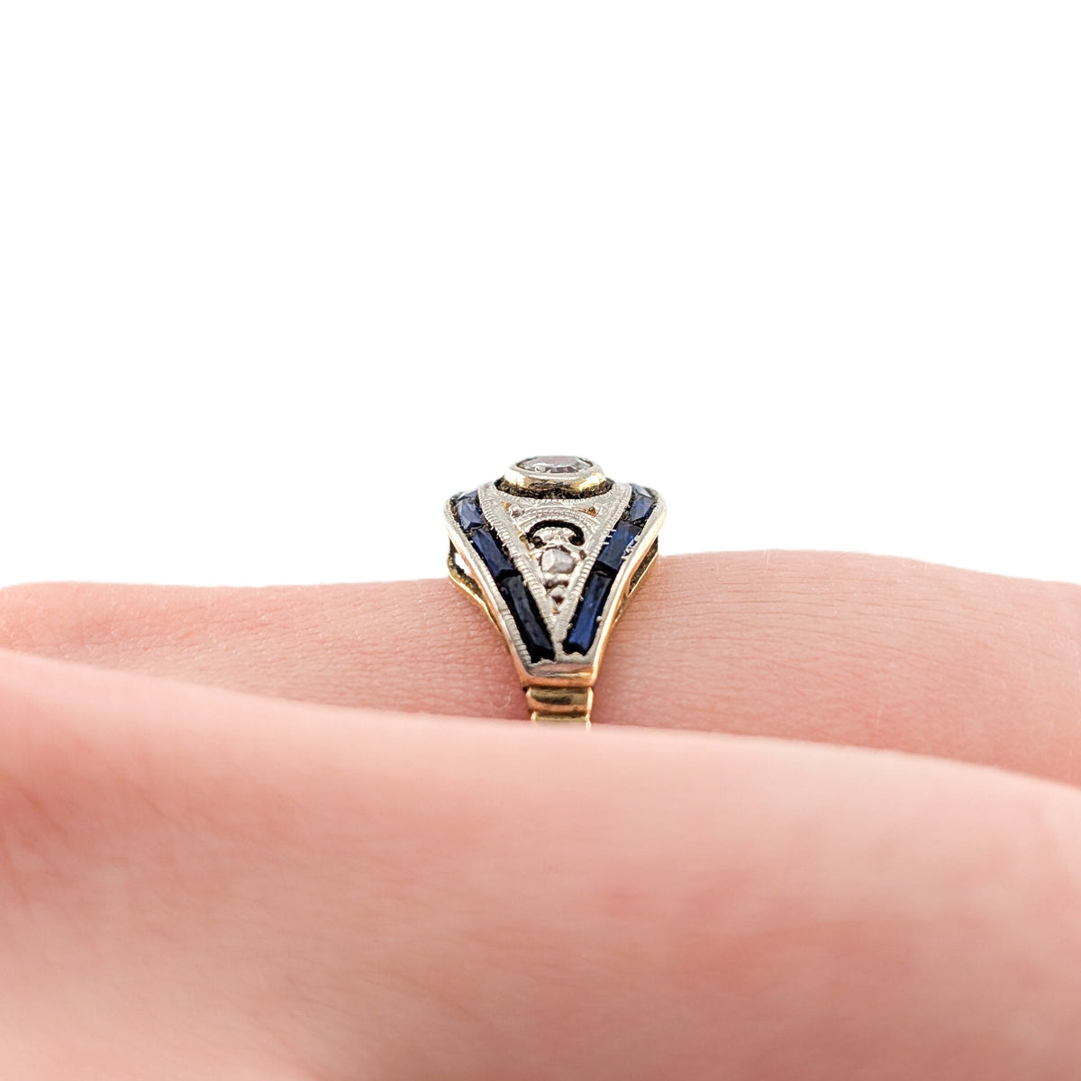 Antique Diamond & Sapphire Art Deco Navette Ring in 18K Gold