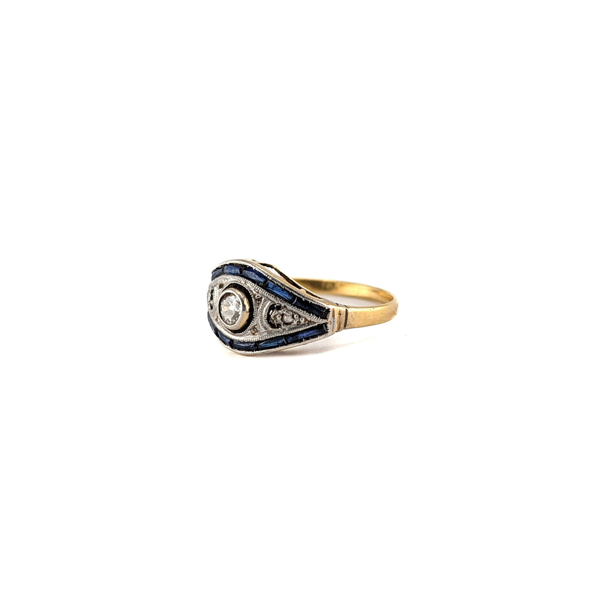 Antique Diamond & Sapphire Art Deco Navette Ring in 18K Gold
