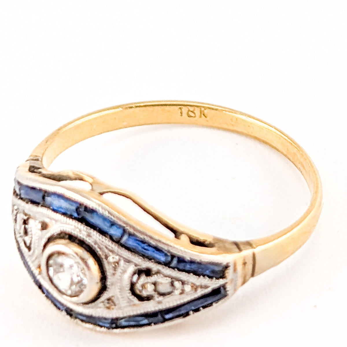 Antique Diamond & Sapphire Art Deco Navette Ring in 18K Gold