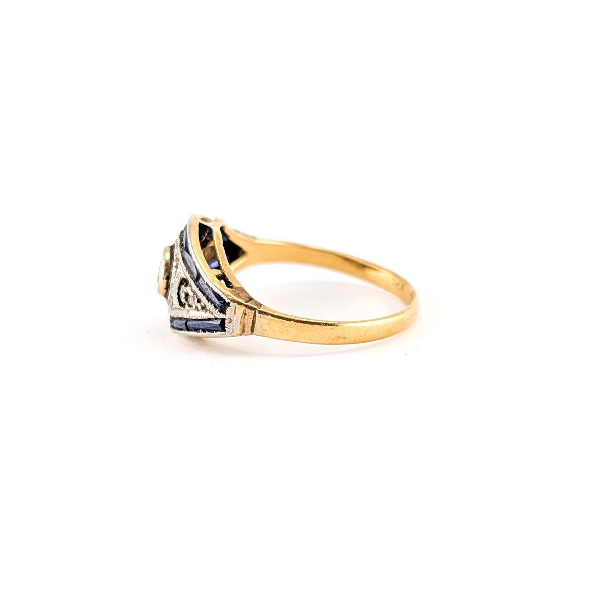 Antique Diamond & Sapphire Art Deco Navette Ring in 18K Gold