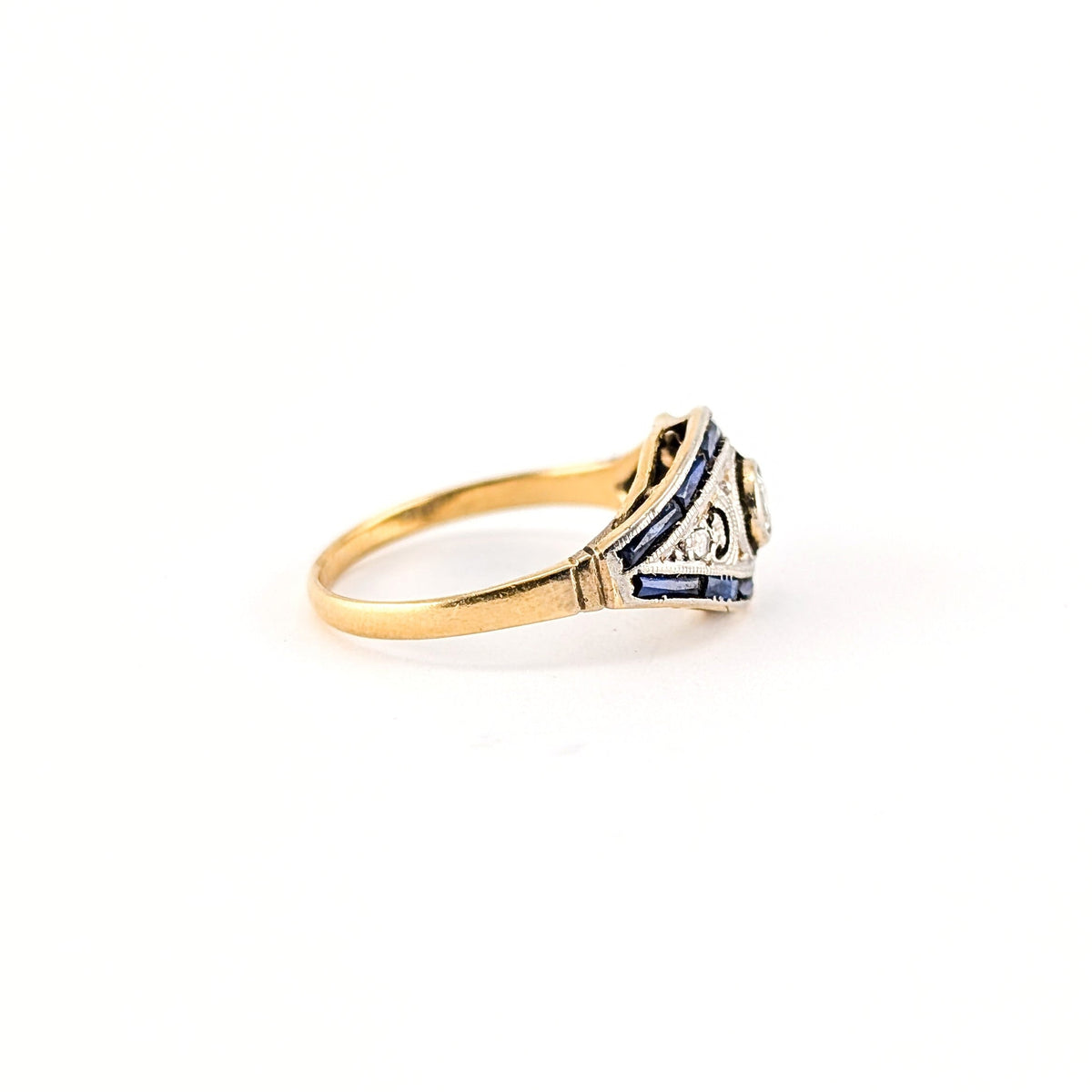 Antique Diamond & Sapphire Art Deco Navette Ring in 18K Gold