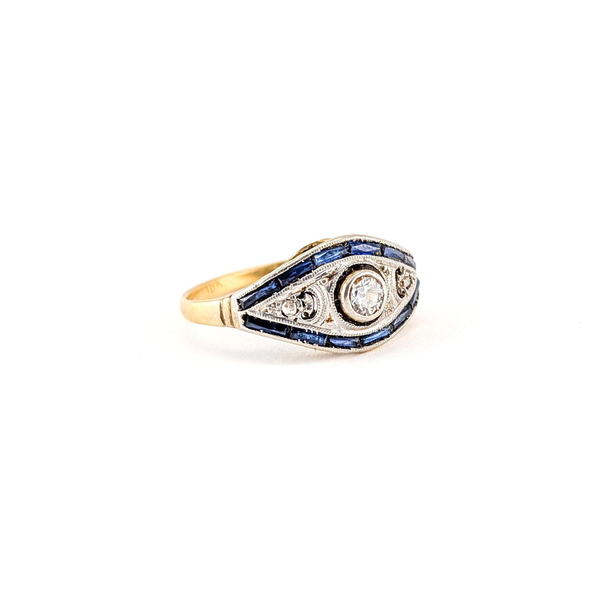 Antique Diamond & Sapphire Art Deco Navette Ring in 18K Gold