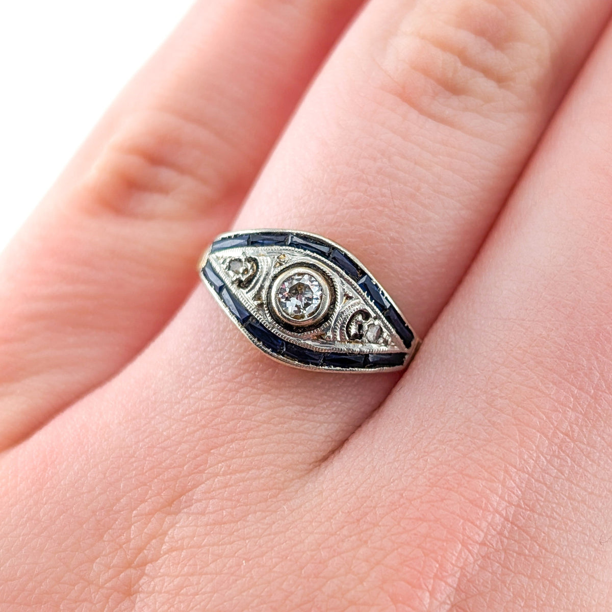 Antique Diamond & Sapphire Art Deco Navette Ring in 18K Gold