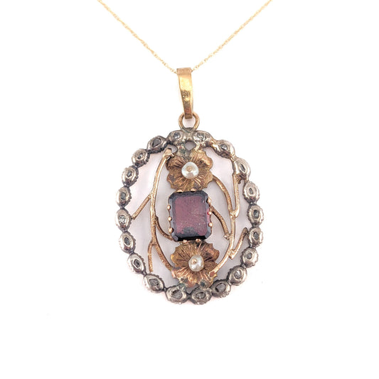 Antique Georgian Garnet, Seed Pearl & Rose Cut Diamond Pendant, 14K Gold/Silver