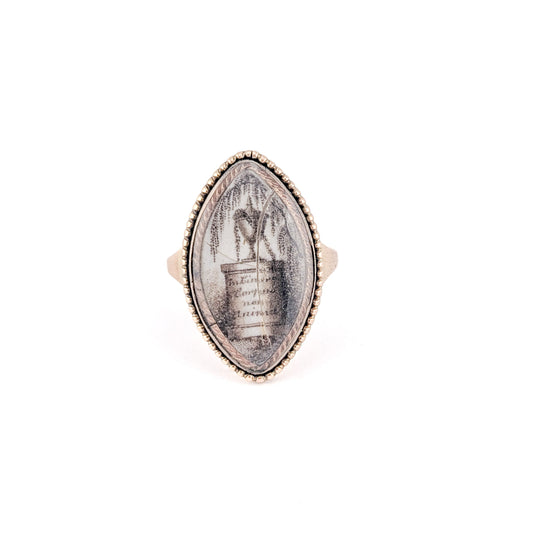Antique Georgian Mourning Ring 14K/9K Gold Sepia Urn Miniature 1785 Engraving