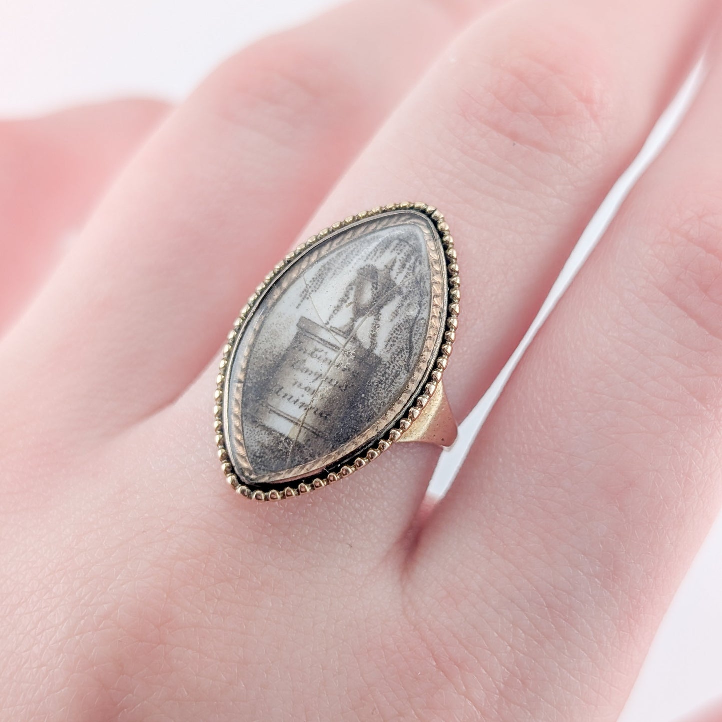 Antique Georgian Mourning Ring 14K/9K Gold Sepia Urn Miniature 1785 Engraving