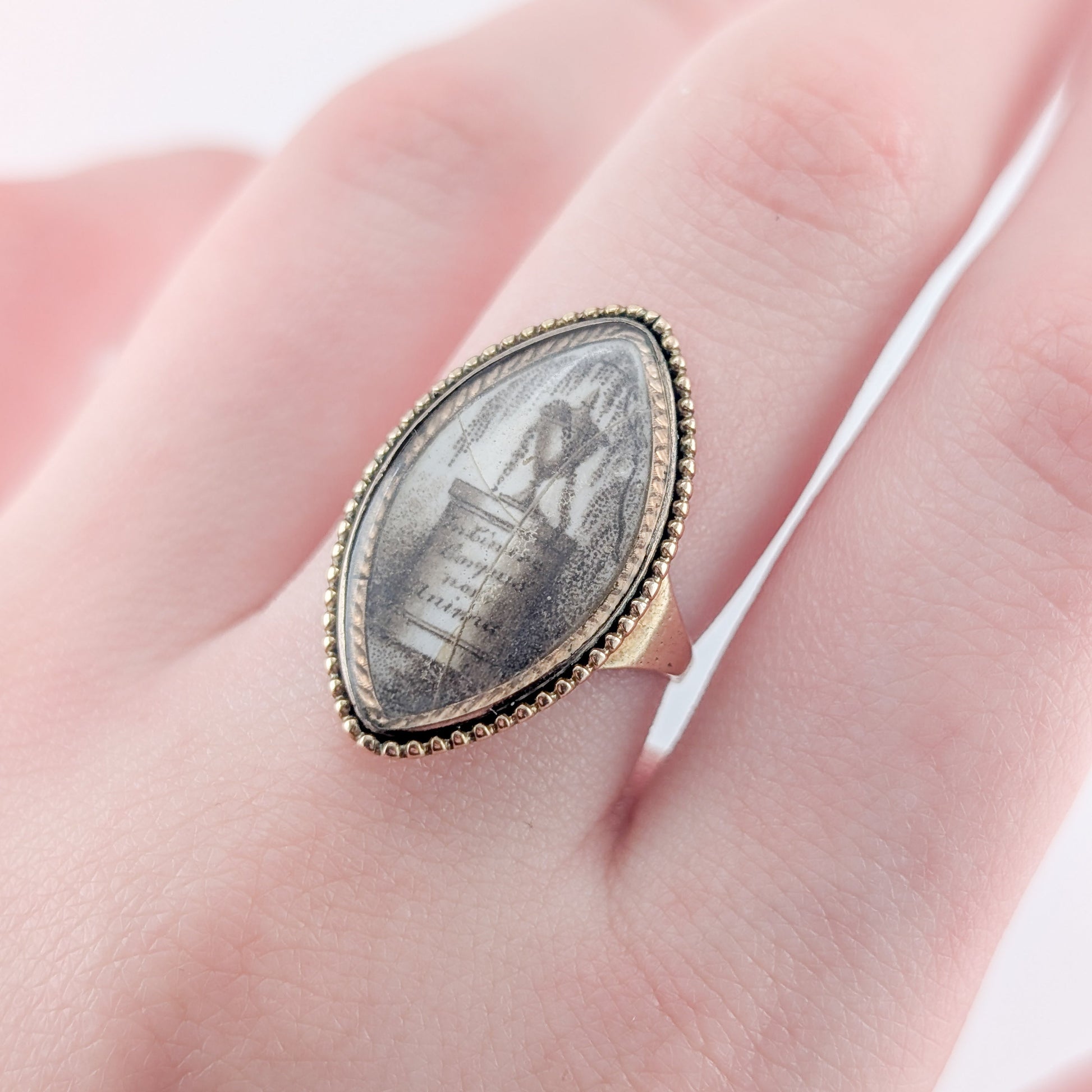 Antique Georgian Mourning Ring 14K/9K Gold Sepia Urn Miniature 1785 Engraving