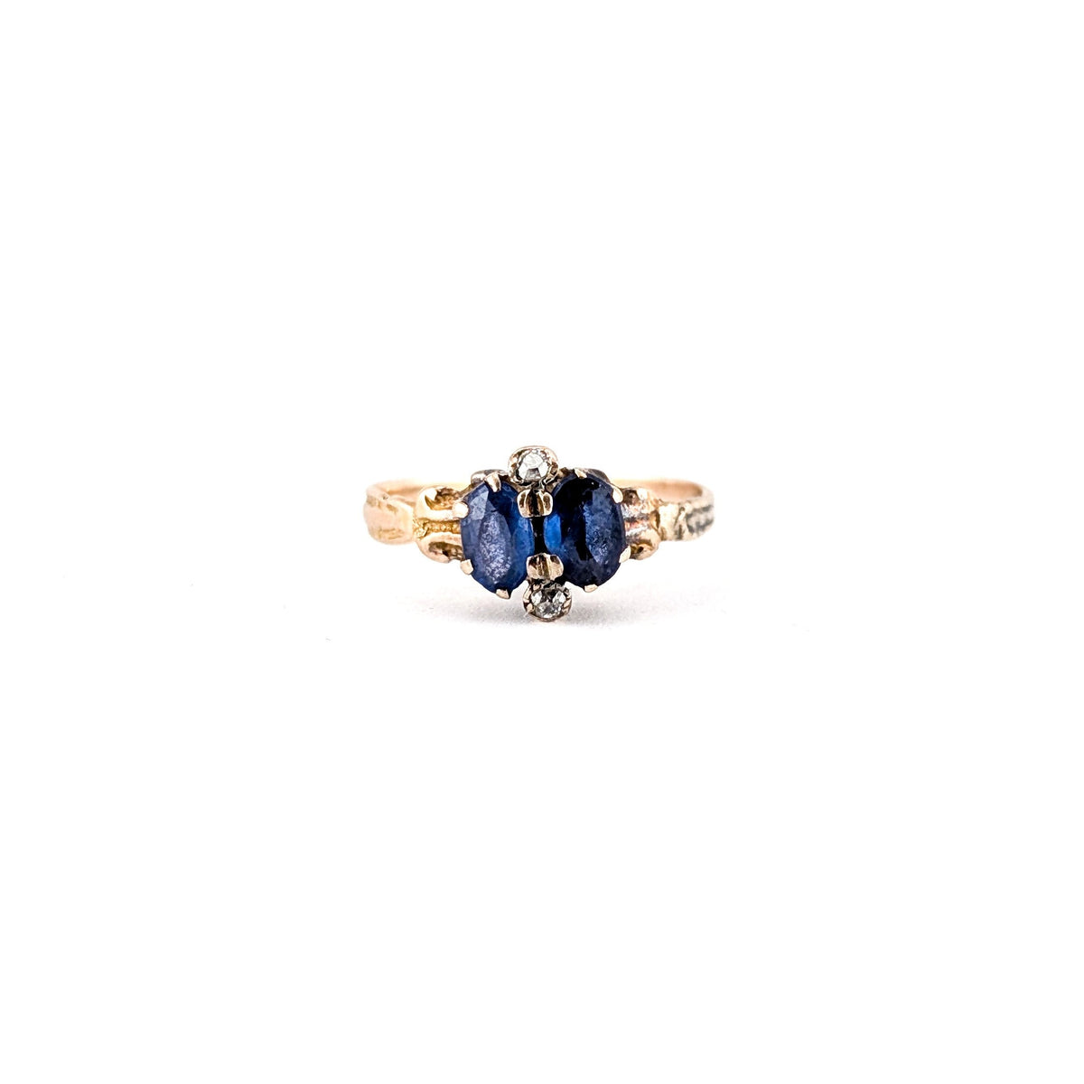 Antique Victorian 10K Gold Blue Glass Gem Ring with Natural Diamond Accents