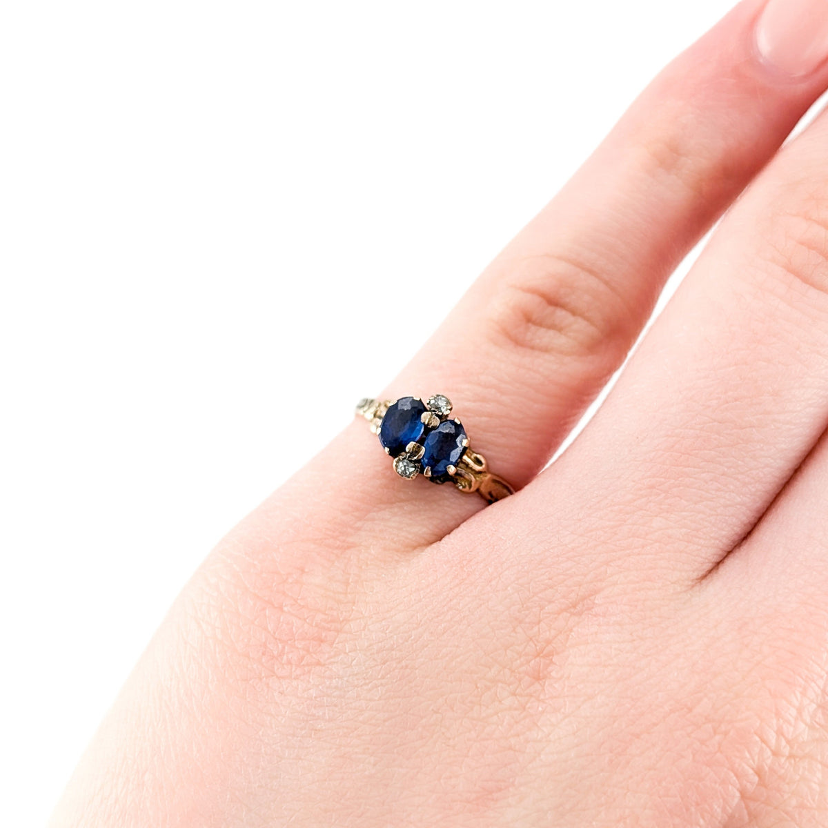 Antique Victorian 10K Gold Blue Glass Gem Ring with Natural Diamond Accents