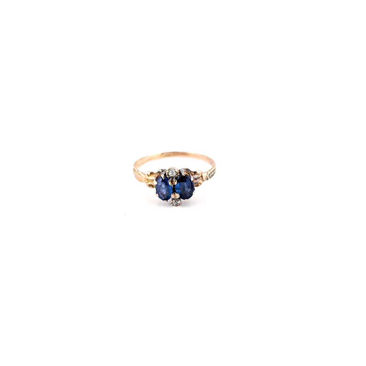 Antique Victorian 10K Gold Blue Glass Gem Ring with Natural Diamond Accents