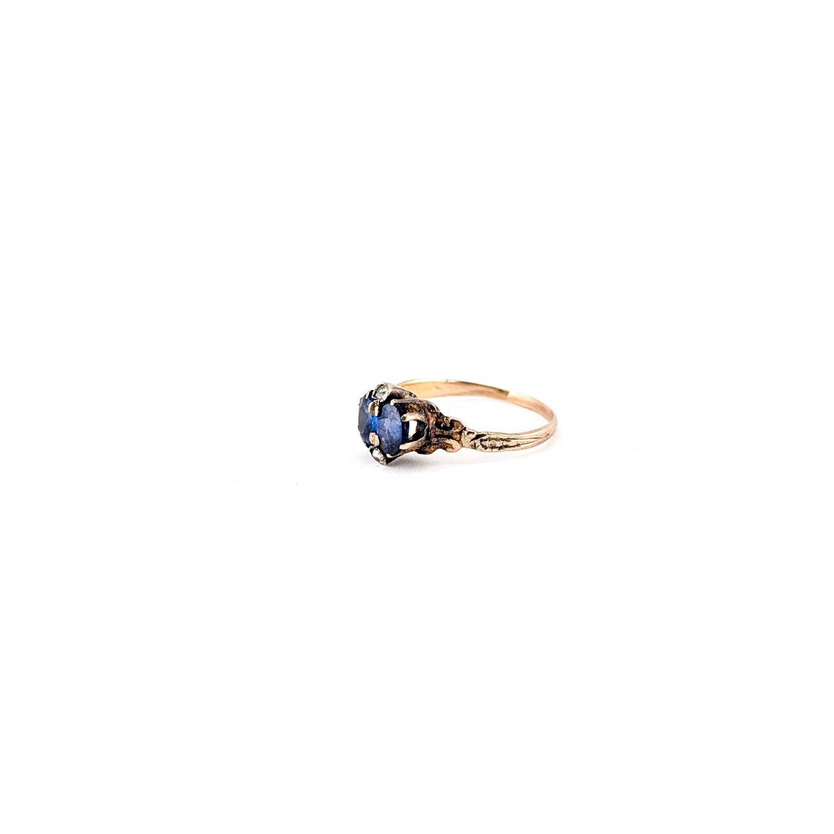 Antique Victorian 10K Gold Blue Glass Gem Ring with Natural Diamond Accents