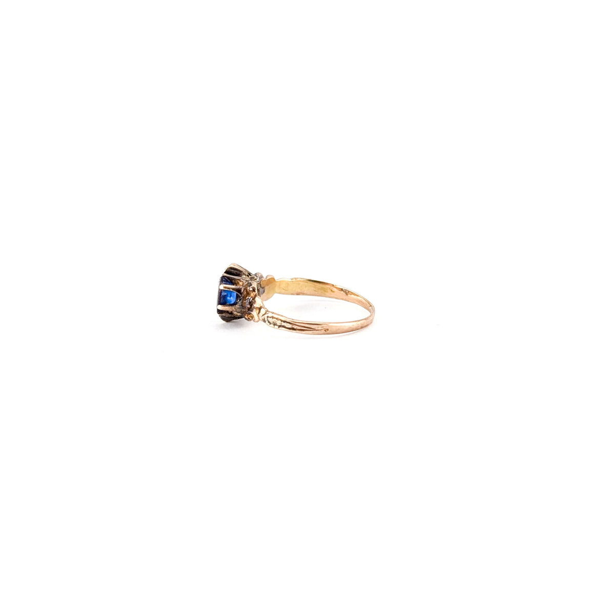 Antique Victorian 10K Gold Blue Glass Gem Ring with Natural Diamond Accents