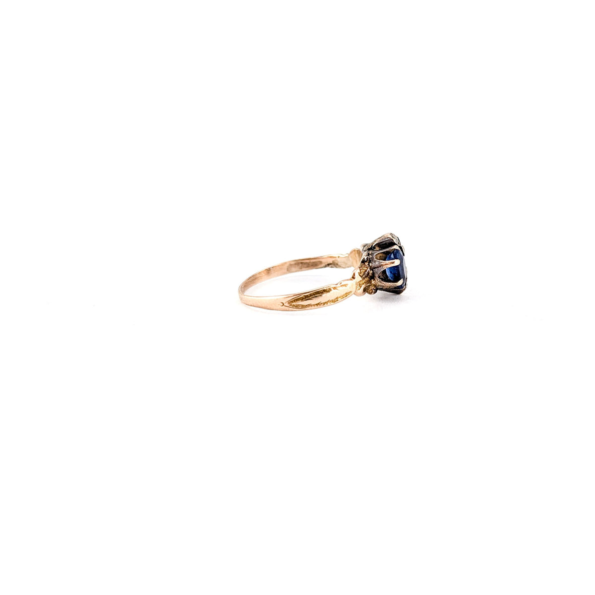 Antique Victorian 10K Gold Blue Glass Gem Ring with Natural Diamond Accents