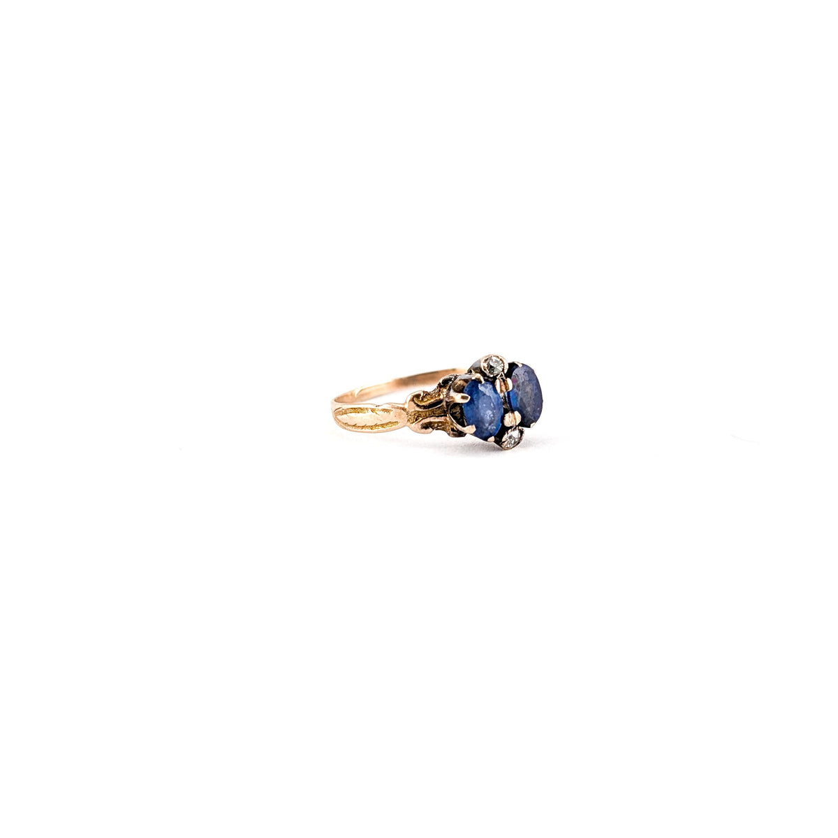 Antique Victorian 10K Gold Blue Glass Gem Ring with Natural Diamond Accents