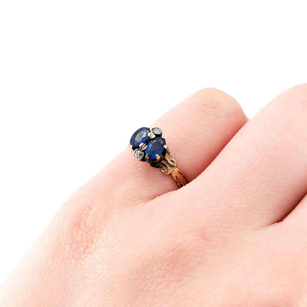 Antique Victorian 10K Gold Blue Glass Gem Ring with Natural Diamond Accents