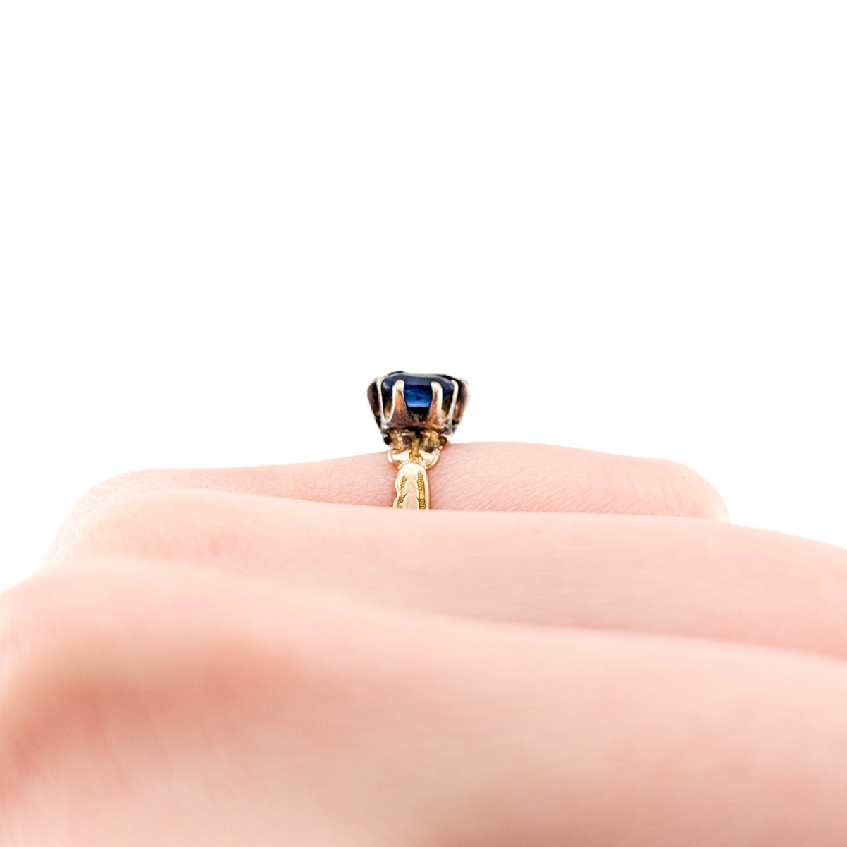 Antique Victorian 10K Gold Blue Glass Gem Ring with Natural Diamond Accents
