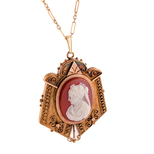 Antique Victorian 14K Gold Carnelian Cameo Brooch Pendant