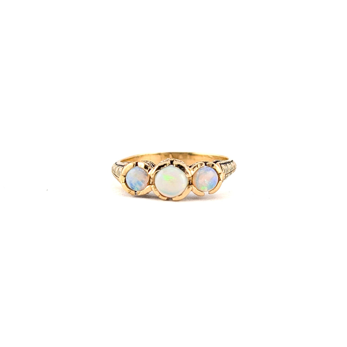 Vintage 9K Gold Three-Stone Opal Ring with Engraved Shoulders