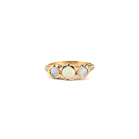 Vintage 9K Gold Three-Stone Opal Ring with Engraved Shoulders