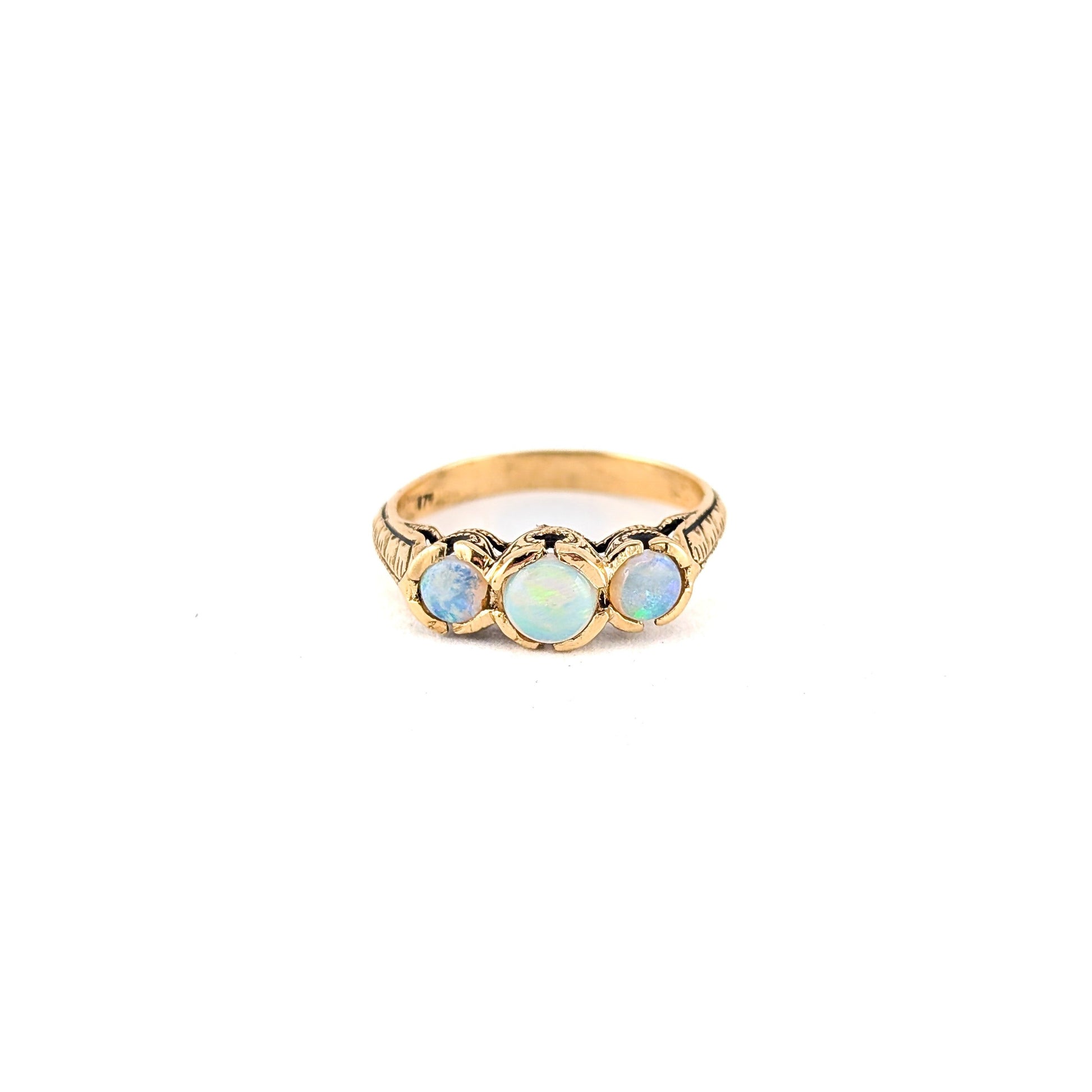 Vintage 9K Gold Three-Stone Opal Ring with Engraved Shoulders