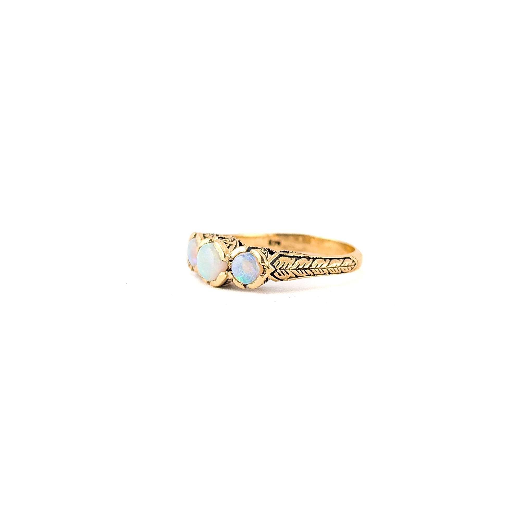 Vintage 9K Gold Three-Stone Opal Ring with Engraved Shoulders